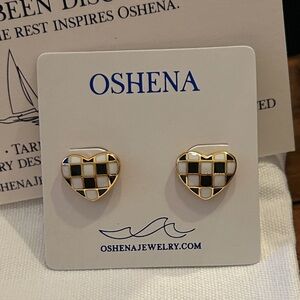 Oshena Designer Beachwear Gold and Black‎ check Heart Earrings